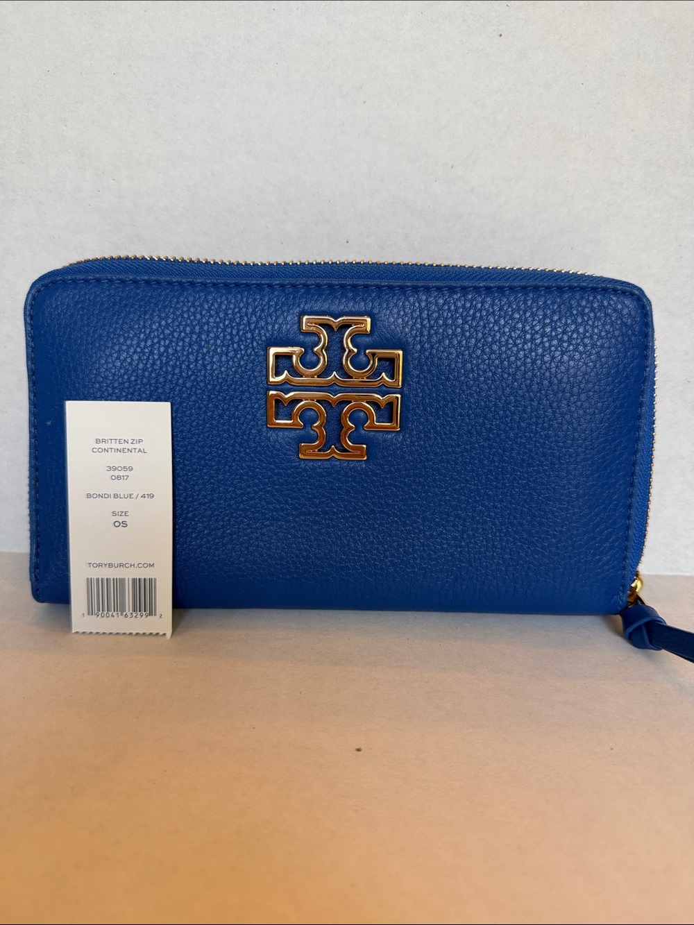 Tory Burch Bondi Blue Britten Zip Continental Wallet with Gold Logo